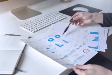 İş kadını, şirketin beyaz işyerindeki pazarlama, finans ve iş istatistiklerine danışır 