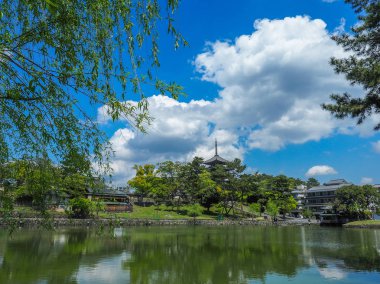 Japonya, Nara - 24 Nisan 2017: Beş katlı pagoda Kofuku-ji Tapınağı: Nara, Japan, Sarusawa gölet