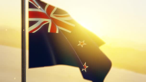Σημαία Νέας Ζηλανδίας Κυματίζει Στον Άνεμο Ηλιοβασίλεμα — Αρχείο Βίντεο