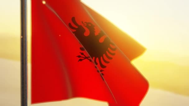 Σημαία Αλβανίας Κυματίζει Στον Άνεμο Ηλιοβασίλεμα — Αρχείο Βίντεο