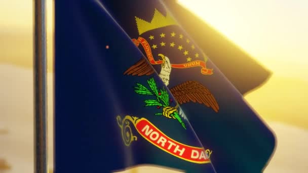 Bandeira Estado Dakota Norte Acenando Pôr Sol — Vídeo de Stock