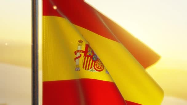 Španělská Vlajka Vlaje Větru Při Západu Slunce — Stock video