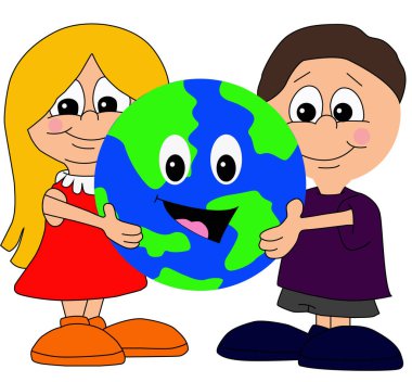 Dünya gününün anısına, bir oğlan ve bir kız çizgi filmde, dünyayı ellerinde tutuyorlar.