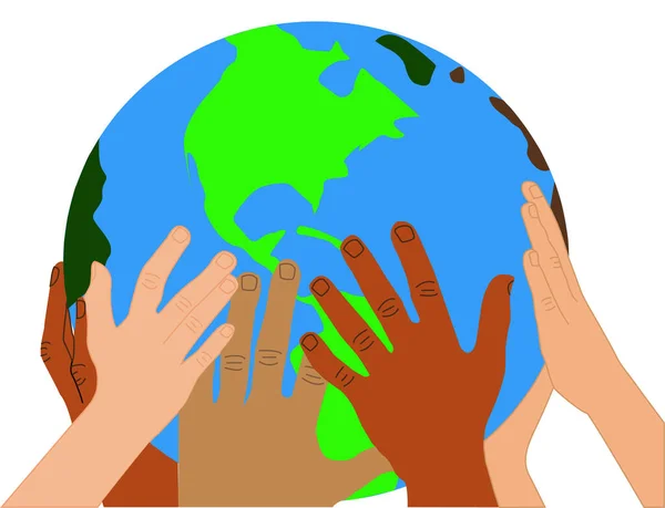 Иллюстрация Дню Земли Руки Разных Людей Держащих Земной Шар — стоковый вектор