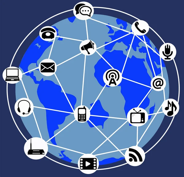 Międzynarodowy Dzień Telekomunikacji Kula Ziemska Otoczona Połączonymi Ikonami Telekomunikacyjnymi — Wektor stockowy