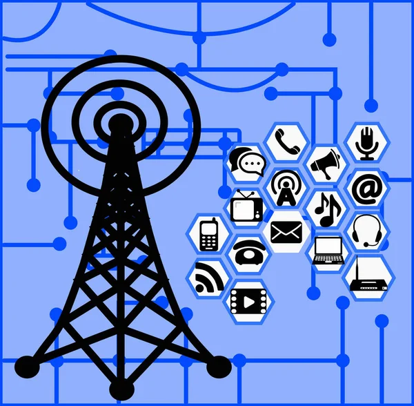 带有图标的电讯塔 以浅蓝色背景纪念国际电讯日 — 图库矢量图片