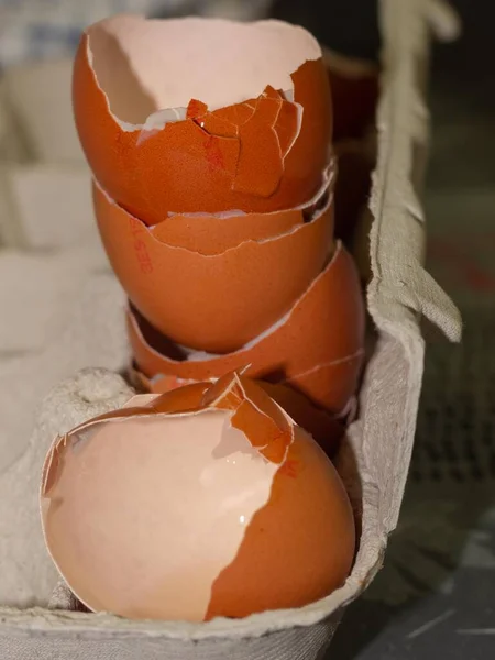 several broken chicken egg shells on a piece of cardboard, used to make a sponge cake