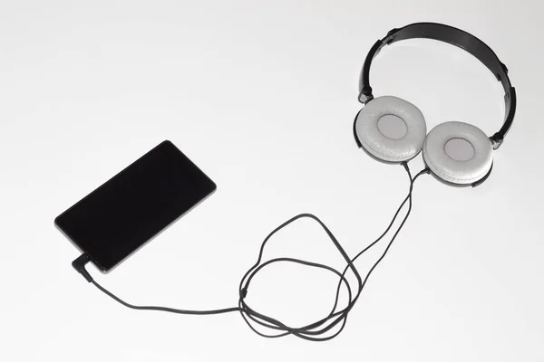Mobile Phone Headphones Listening Music Radio White Background — Stock Photo, Image