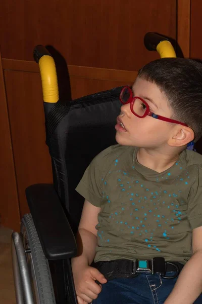 Niño Pequeño Con Gafas Rojas Silla Ruedas —  Fotos de Stock