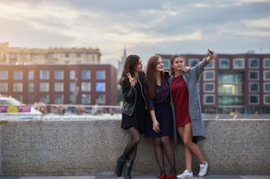 Çekici kadınlar boş zamanlarını hafta sonu sırasında cep telefonu dijital kamera ile fotoğraf yaparken poz olan
