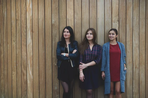 Three stylish hipster girls dressed in spring fashionable clothes are standing outdoors against wooden wall background with copy space for your advertising text message or promotional content — Stock Photo, Image