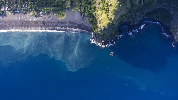 Top view aerial photo from drone of an amazingly beautiful nature landscape with paradise beach and sea water with copy space for advertising text message or promotional content. 