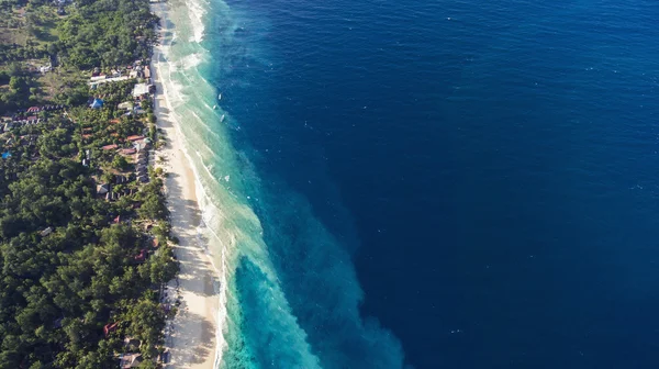 Vista superior drone aéreo foto de deslumbrante praia de mar colorido com água cristalina franjado com palmas tropicais balançando e árvores frondosas . — Fotografia de Stock