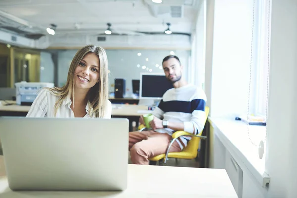 Male and female freelancers analyzing content — Stock Photo, Image