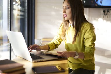 Dizüstü bilgisayarda çalışan serbest çalışan bir kadın.  