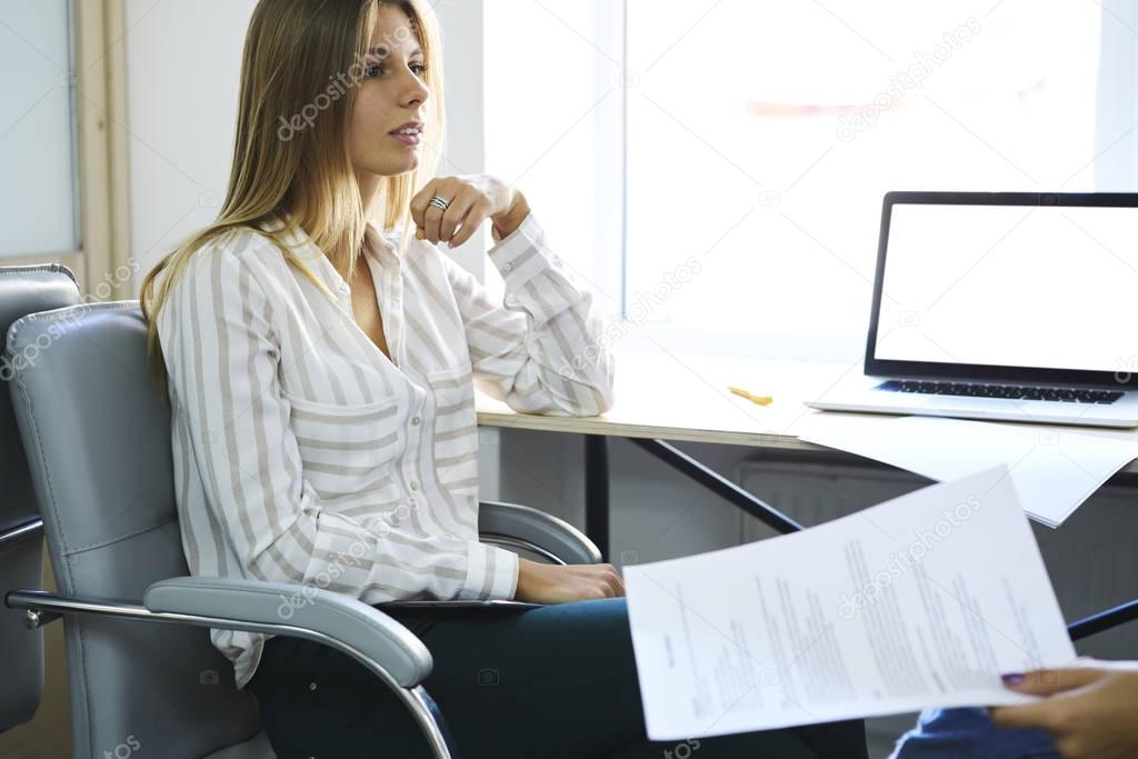 Female recruiter manager making interview 