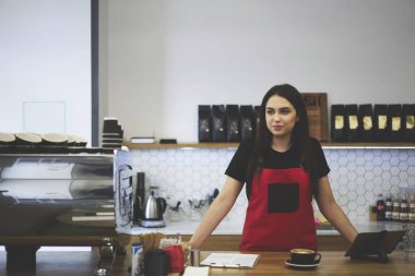 Çekici kadın barista müşteri kafede hizmet için fatura vermek için bekliyor