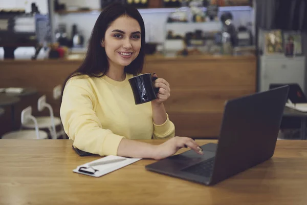 Female freelancer using laptop and free 4G connection in cafeteria — Stock Photo, Image