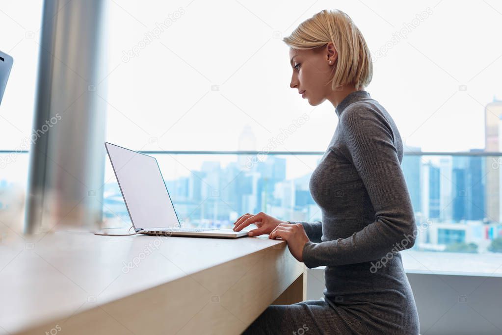 Young businesswoman making distant work using laptop computer while sitting in office
