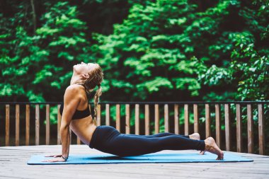 Caremat üzerinde uzanan ve egzersiz sırasında ararken sportif fitness kız. Genç kadın ise pratik yoga yeşil promosyon zemin üzerine arka kasları güçlendirmek için egzersizleri yapıyor