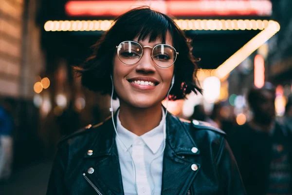Half Length Portrait Cheerful Hipster Girl Spending Time Night Street — Stock Photo, Image