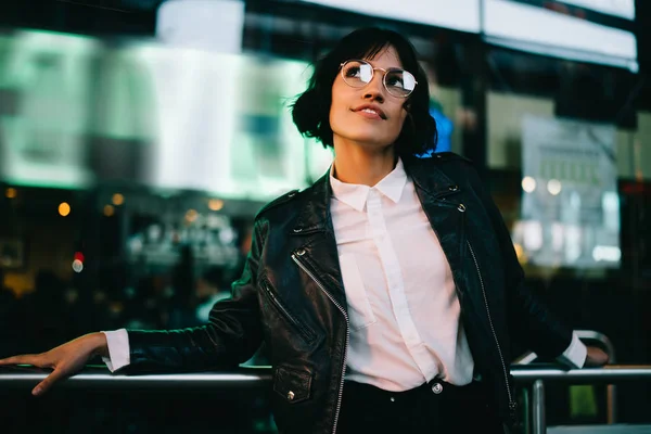 Positive Young Female Trendy Eyewear Enjoying Rest Outdoors Standing Urban — Stock Photo, Image