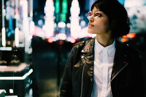 Pensive Hipster Girl Trendy Leather Jacket Looking Night Illumination Walking — Stock Photo, Image