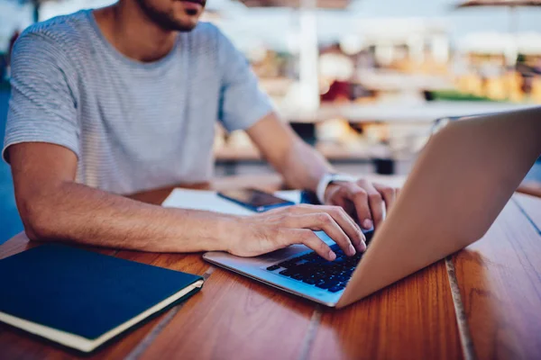 Cropped Image Skilled Male Developer Typing Code Modern Laptop Working — Stock Photo, Image