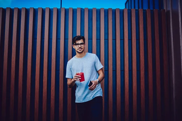 Half Length Portrait Thoughtful Hipster Guy Looking Camera Standing Takeaway — Stock Photo, Image