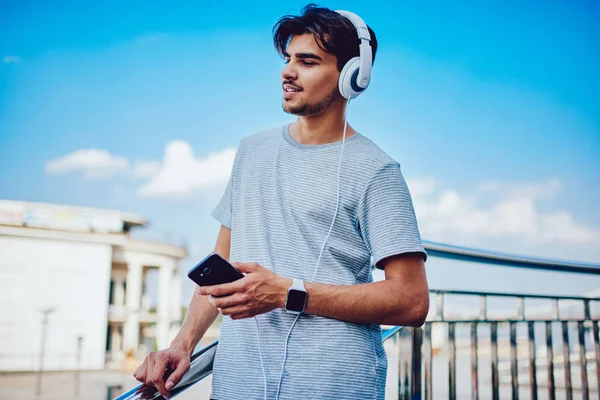 Hipster Guy Spending Free Time Outdoors Listening Music Perfect Sound — Stock Photo, Image