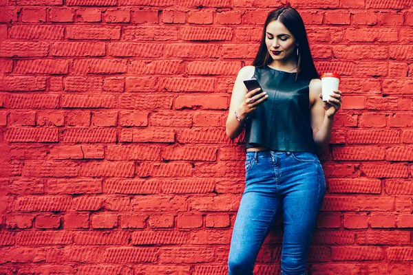 Pensive Female Student Dressed Fashionable Outfit Enjoying Recreation Aroma Coffee — Stock Photo, Image