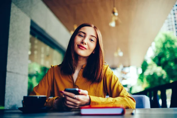 Half Length Portrait Positive Charming Female Student Looking Camera Spending — Stock Photo, Image