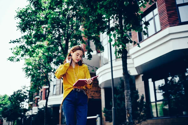 Pensive Attractive Female Student Checking Schedule Notepad While Strolling City — Stock Photo, Image