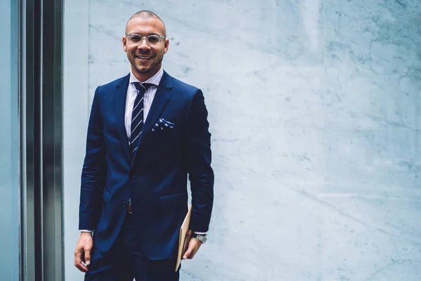 Prosperous Male Entrepreneur Elegant Suit Looking Camera Satisfies Successful Career — Stock Photo, Image