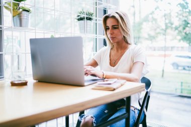 Dizüstü cihaz ve Web sitesi geliştirmek için yüksek hızlı internet bağlantısı kullanarak şık kadın metin yazarı. Modern bilgisayar hakkında bilgi aramak için metin bilgilerini yazarak serbest meslek