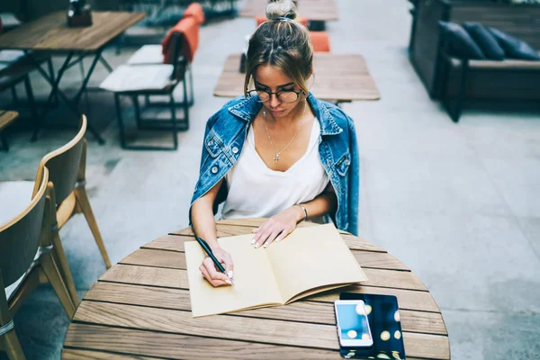 Top View Pensive Young Woman Dressed Jeans Jacket Writing Information — Stock Photo, Image