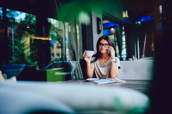 Attractive Businesswoman Trendy Eyeglasses Resting Cup Coffee Cafe Interior Talking — Stock Photo, Image