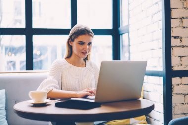 Genç kadın online derslerin uzaktan eğitim serbest zaman sırasında başlayan web sayfasına göz mesafe iş arama bilgilerini proje için laptop, yetenekli kadın freelancer konsantre