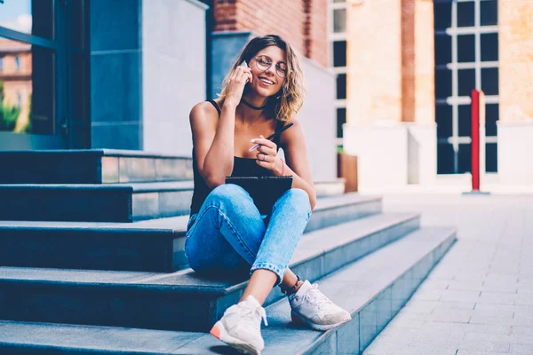 Portrait Cheerful Hipster Girl Eyewear Talking Mobile Noting Information Enjoying — Stock Photo, Image