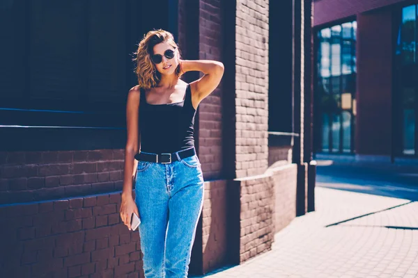 Half Length Portrait Attractive Woman Stylish Apparel Sunglasses Spending Time — Stock Photo, Image