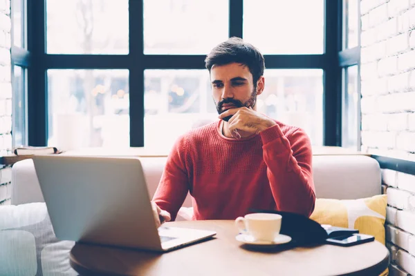 Pensive Young Copywriter Analyzing Information While Working Project Remotely Cafe — Stock Photo, Image