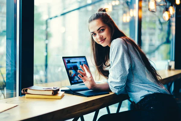 Half Length Portrait Positive Teen Girl Planning Evening Schedule While — Stock Photo, Image