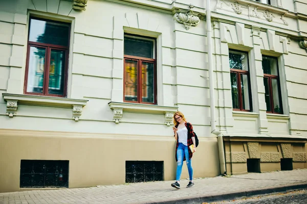 Young Hipster Girl Walking Street Passing Architecture Buildings Street Using — Stock Photo, Image