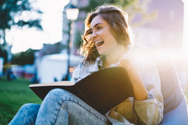 Emotional Happy Talented Student Training Textbook Mock Area Hands Laughing — Stock Photo, Image