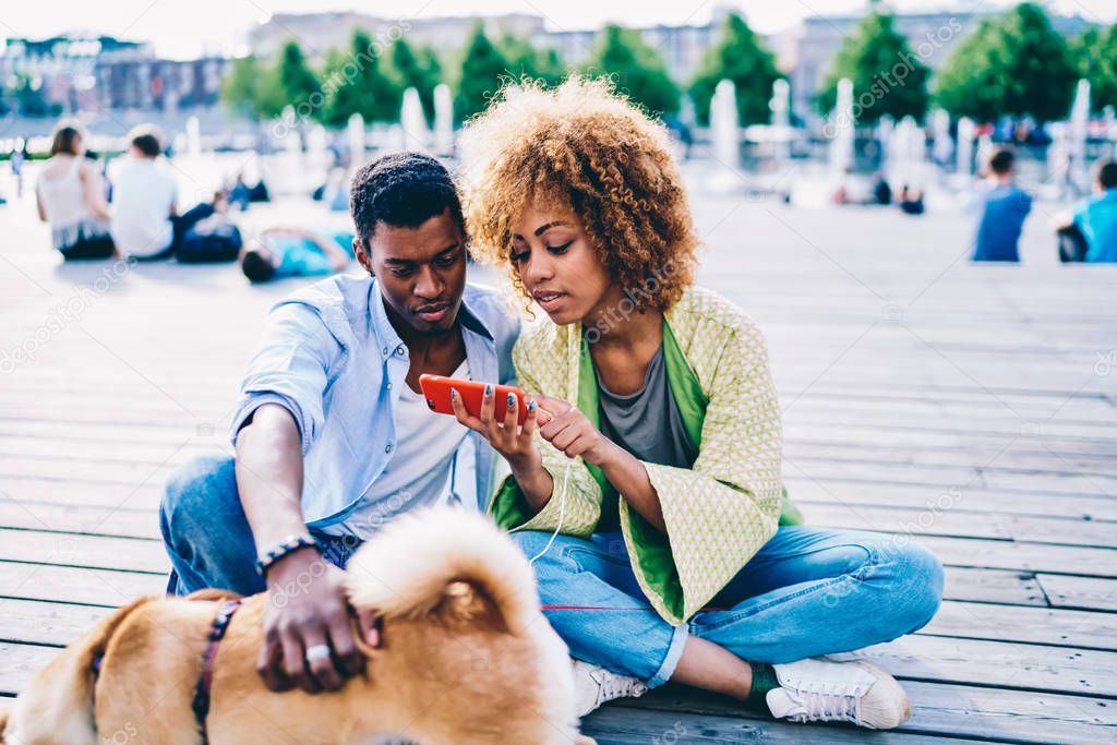 Young dark-skinned male and female friends viewing photos in social networks on mobile spending time together with dog, trendy dressed afro american hipsters watching video downloaded on smartphone