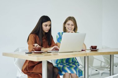 Dizüstü bilgisayar online webinar izlerken ortak proje üzerinde işbirliği iş kadın gazeteci yoğunlaşması, yetenekli pazarlama uzmanları görev ofiste işbirliği tamamlanması ile memnun 