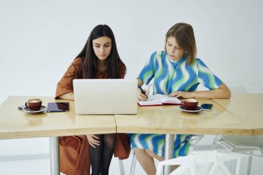 Profesyonel kadın meslektaşları modern cihazlar ve kablosuz internet, genç gazeteci bilgi analiz ve fikir tartışırken makale oluşturma kullanarak araştırmacılar yapma iş proje üzerinde işbirliği