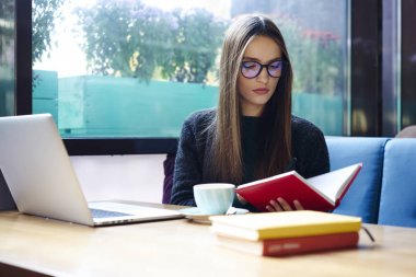 Zeki kız öğrencinin sınav bilgisi çözümlenirken iç kafe içinde ciddi esmer hippi kız laptop ile masada oturan notları kontrol proje planlama hazırlama edebiyat okuma