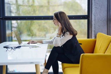 Kafede sarı kanepede dizüstü bilgisayar kullanan mali rapor oluşturmaya konsantre profesyonel kadın ekonomist oturan uzak iş yapma resmi kıyafeti giymiş şirketinin müreffeh sahibi