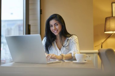 Dizüstü bilgisayar kullanarak bilgileri, online kafede çalışma çekici mali işler müdürü takımları görev gözatmak başarılı pazarlama kampanyası neşeli esmer işkadını portresi memnun